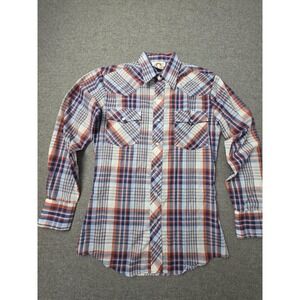 Saturdays Vintage Western Pearl Snap Shirt Mens Small Orange Blue Plaid Yoke